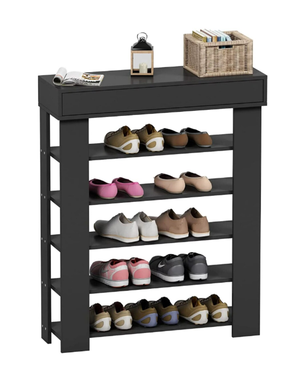 SogesPower 5 Tier Shoe Storage Shelf Free Standing Shoe Organizer for Entryway, Hallway, Black Wooden Shoe Rack